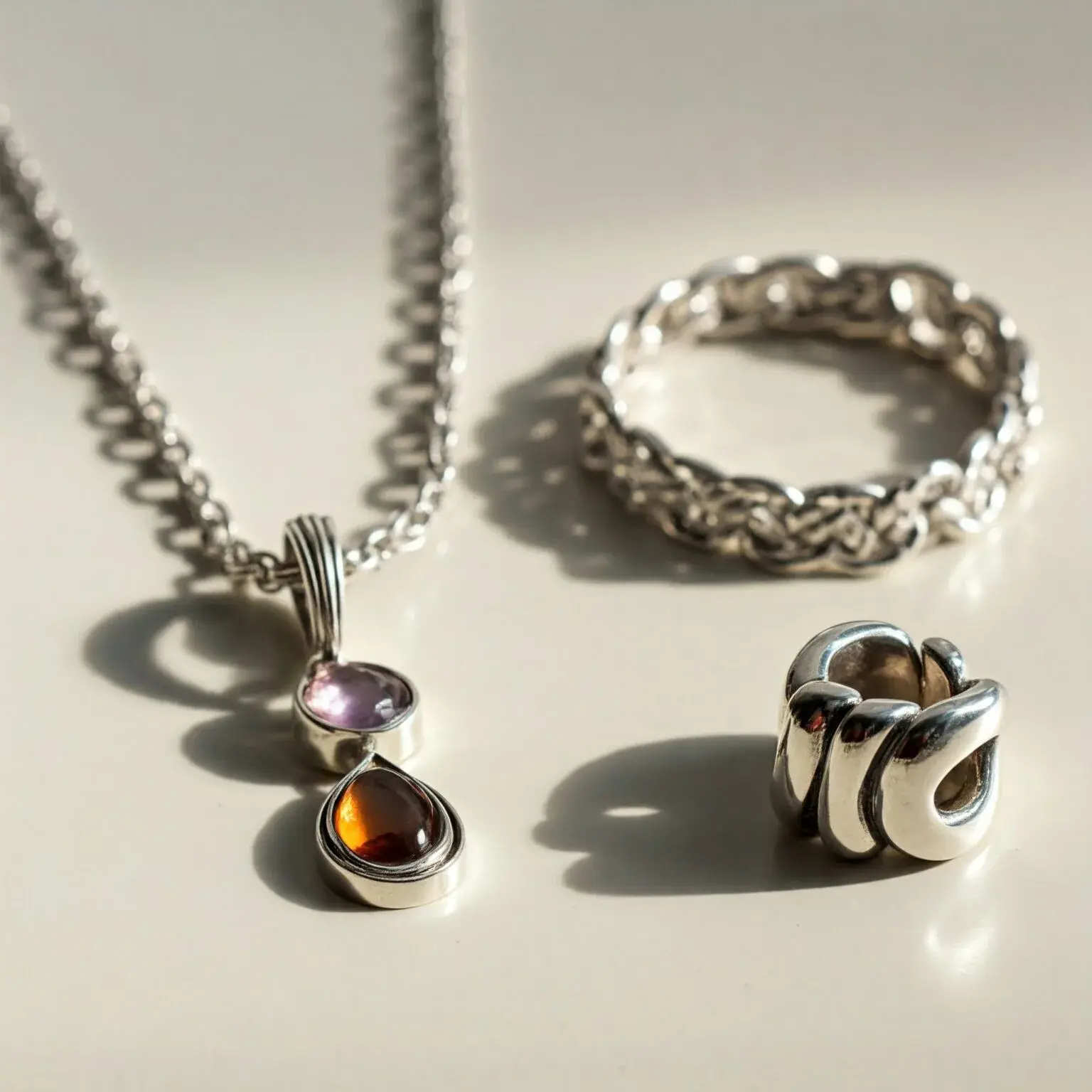 925 silver jewelry pieces on a light surface
