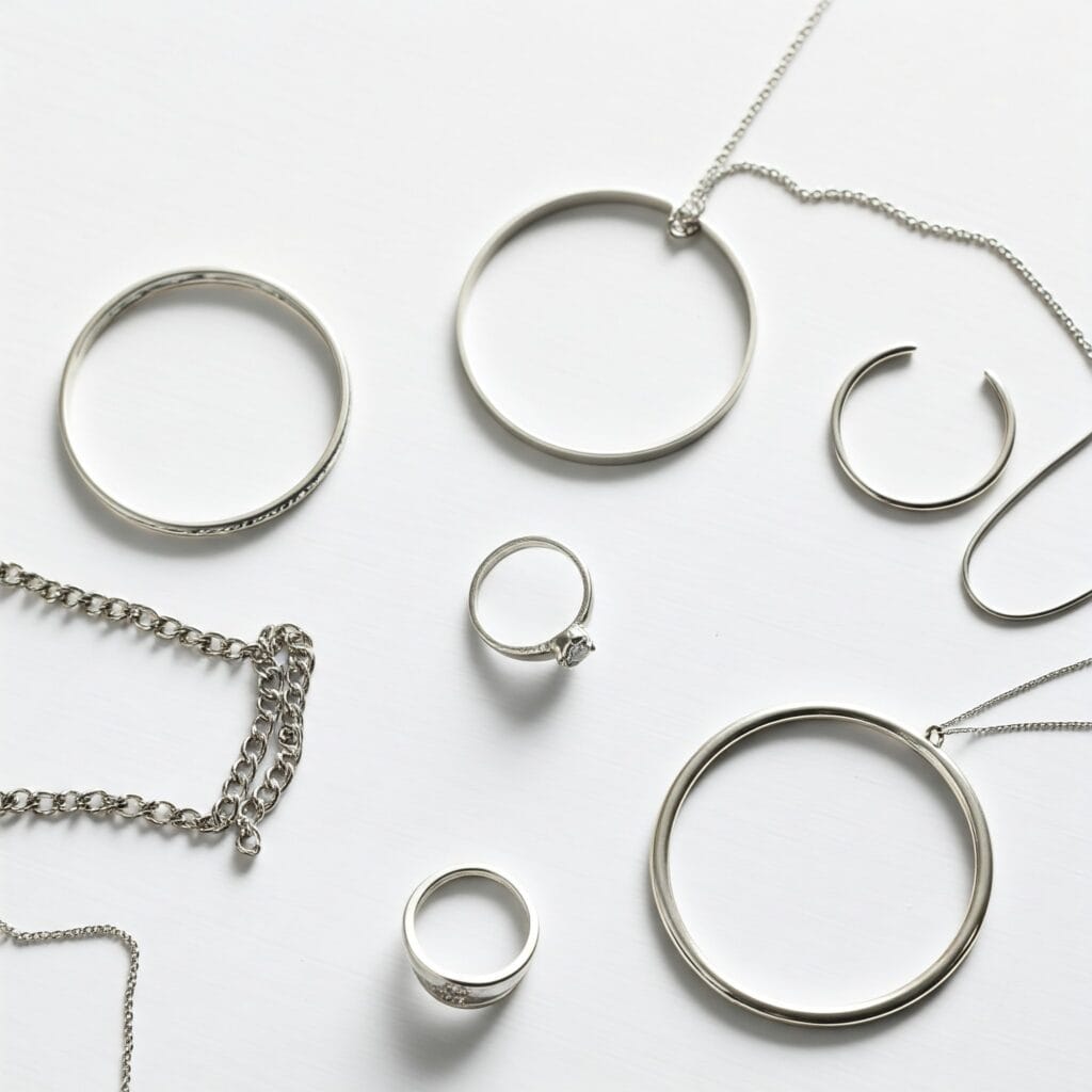 showcase of various silver jewelry pieces