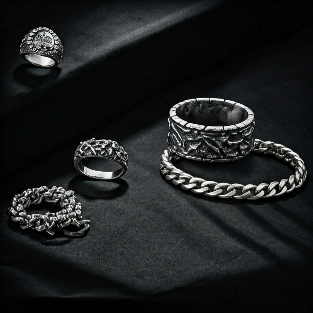 a showcase of silver rings and bracelets