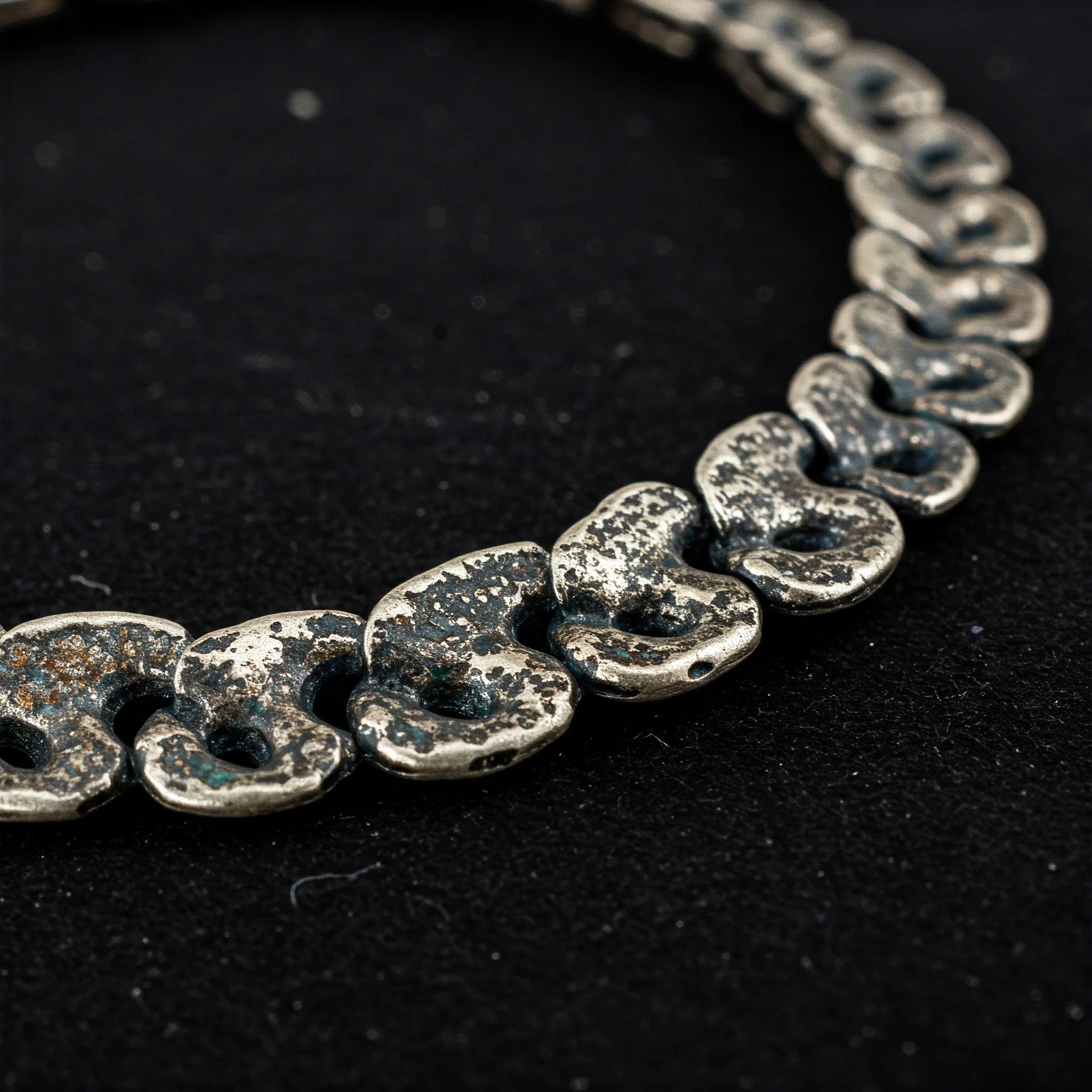 a tarnished silver necklace on a dark surface